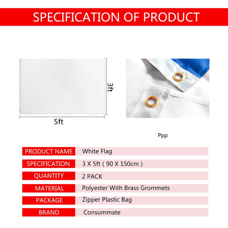 Consummate Solid White Flag 3x5 Foot Plain White Blank Flags Banner Polyester with Brass Grommets,2 Pack - Image 2